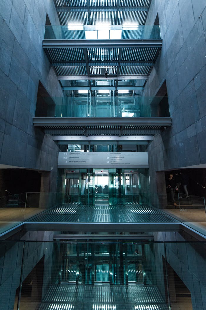 About Modern glass elevator inside a stylish architectural building in Vienna.
